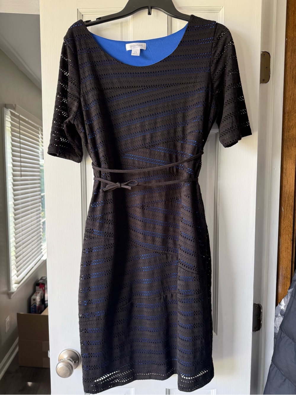 Motherhood Maternity Black Eyelet Midi Dress with Blue Lining